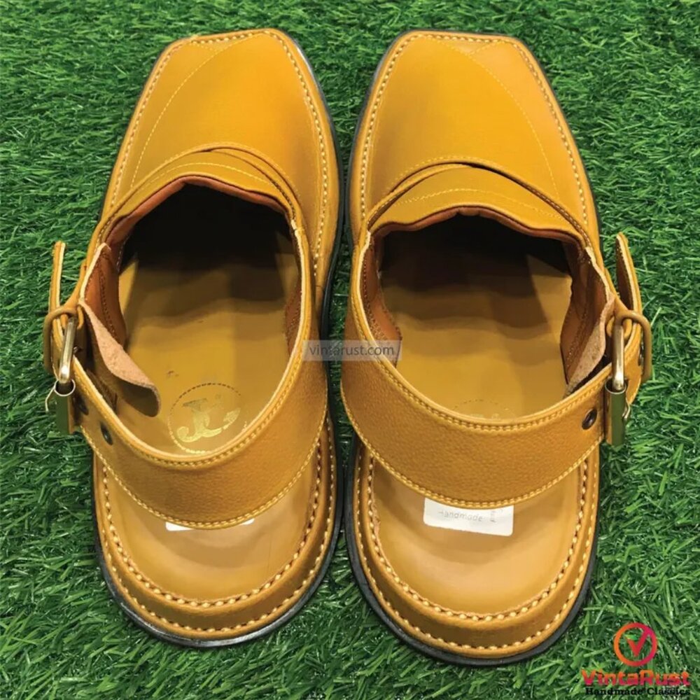 Handmade Peshawari Chappal: Men's Mustard Leather Kaptaan Sandals - Picture 6 of 6